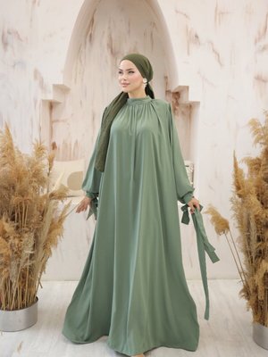 Su Yeşili Büzgü Yaka Kurdelalı Abiye Elbise