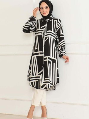 Siyah Geometrik Desen Viskon Tunik