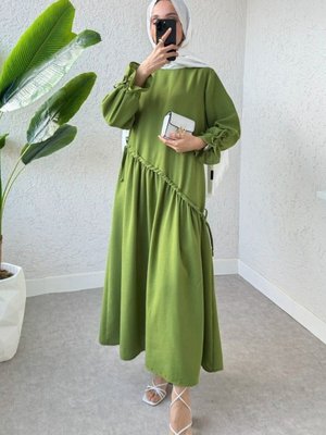 Yeşil Çapraz Tünel Bağcıklı Uzun Keten Elbise Yeşil Çapraz Tünel Bağcıklı Uzun Keten Elbise