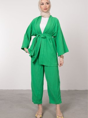 Çim Yeşili Dokuma Örme Kumaşlı Kuşaklı İkili Takım