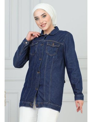 Koyu Mavi Düğmeli Kot Ceket