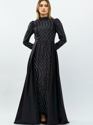 Siyah Taş Detaylı Saten Abiye Elbise Siyah Taş Detaylı Saten Abiye Elbise