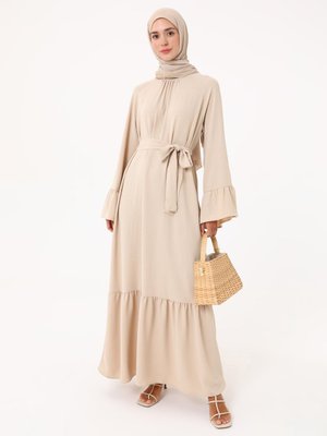 Taş Rengi Kolları Volan Detaylı Kuşaklı Elbise Taş Rengi Kolları Volan Detaylı Kuşaklı Elbise