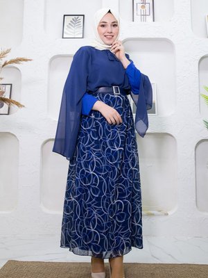 Mavi Eteği Desenli Elbise