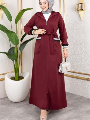 Bordo Kapüşonlu Ribanalı Ferace Bordo Kapüşonlu Ribanalı Ferace