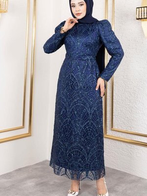 Lacivert Afilli Simli Kalem Abiye Elbise