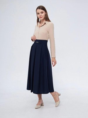 Lacivert Uzun Metal Aksesuar Detaylı Mevsimlik Kloş Etek Lacivert Uzun Metal Aksesuar Detaylı Mevsimlik Kloş Etek