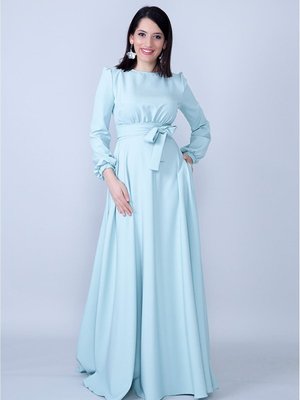 Mint Yeşili Uzun Yuvarlak Yaka Kol Dokuma Kumaş Beli Büzgülü Kuşaklı Abiye Elbise Mint Yeşili Uzun Yuvarlak Yaka Kol Dokuma Kumaş Beli Büzgülü Kuşaklı Abiye Elbise