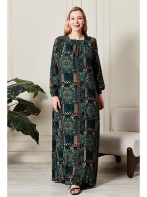 Zümrüt Yeşili Büyük Beden Osmnalı Etnik Desen Elbise Zümrüt Yeşili Büyük Beden Osmnalı Etnik Desen Elbise