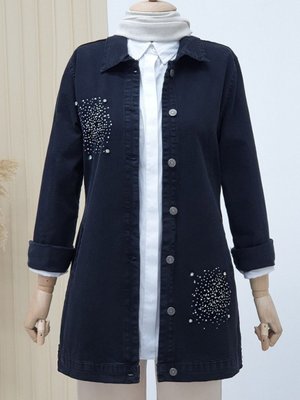 Siyah Önü Taş Detaylı Çift Cepli Kot Ceket Siyah Önü Taş Detaylı Çift Cepli Kot Ceket