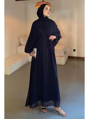 Lacivert Taşlı Şifon Elbise