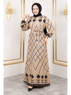 Bej Baklava Desenli Çiçekli Viskon Elbise