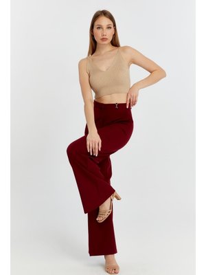 Bordo Palazzo Geniş Paça Dokuma Kumaş Pantolon