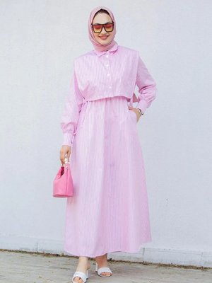 Pembe Cepken Detaylı Çizgi Desenli Pamuk Elbise