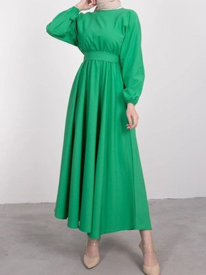 Çim Yeşili Mevlana Terikoton Kuşaklı Kloş Elbise