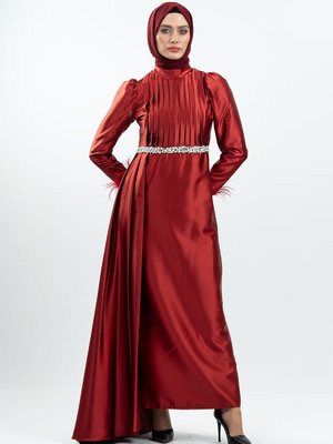 Bordo Taşlı Saten Abiye Elbise Bordo Taşlı Saten Abiye Elbise