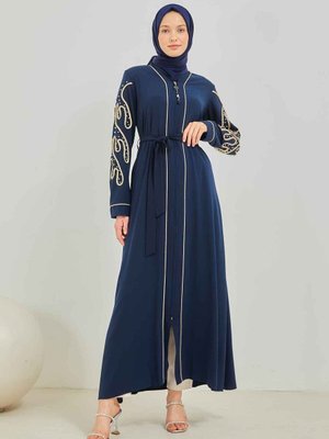 Lacivert Özel Tasarım İnci Detaylı Abaya