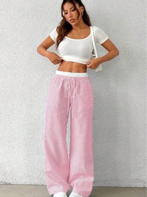 Pembe Beyaz Çizgili Yüksek Bel Rahat Kesim Pantolon