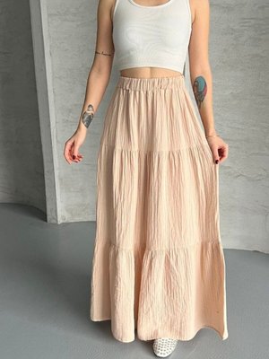 Bej Uzun Büzgülü Katlı Müslin Kumaş Etek Bej Uzun Büzgülü Katlı Müslin Kumaş Etek