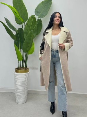 Ekru İçi Kürklü Süet Vizon Kaban