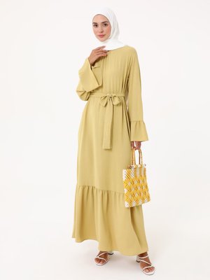 Fıstık Yeşili Kolları Volan Detaylı Kuşaklı Elbise