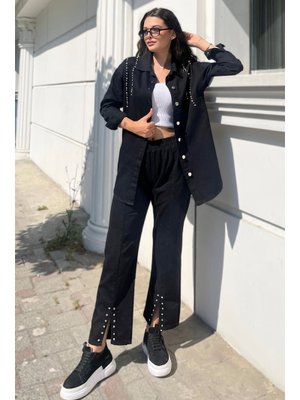 Siyah Sıyah Tensel Taş Detaylı İkili Takım