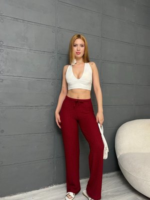 Bordo Gofre Kumaş Bel Bağcıklı Pantolon