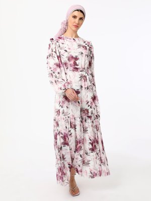 Fırfır Detaylı Çiçekli Şifon Elbise Gul Kurusu