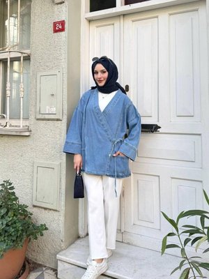 Açık Mavi Yan Bağlama Oversize Kot Ceket