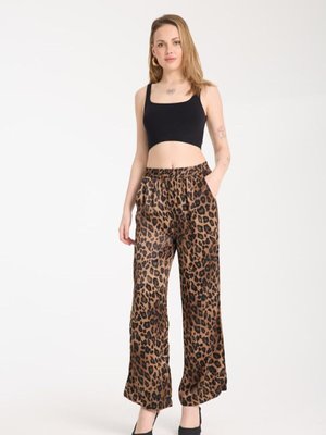 Kahve Leopar Desenli Saten Pantolon