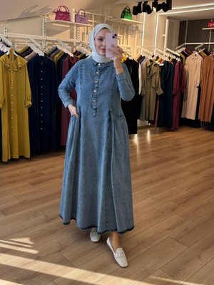 Mavi Cepleri Büzgülü Kot Elbise