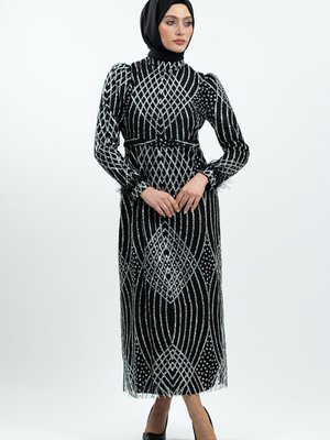 Siyah Simli Tüy Detaylı Abiye Elbise Siyah Simli Tüy Detaylı Abiye Elbise