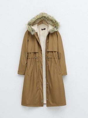 Taba İçi Peluşlu Sabit Kapşonlu Tünel Bağcıklı Uzun Mont