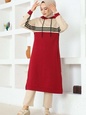 Bordo Şeritli Yırtmaçlı Spor İkili Takım