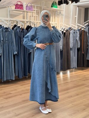 Mavi Eteği Fırfırlı Volanlı Denim Kot Elbise