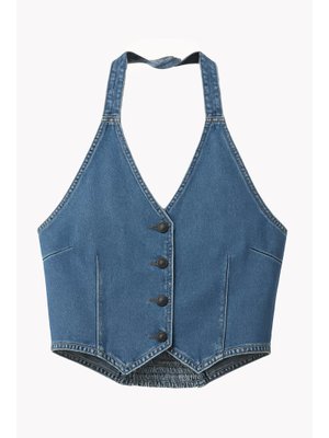 Açık Mavi Düğmeli Bağlamalı Crop Jean Büstiyer