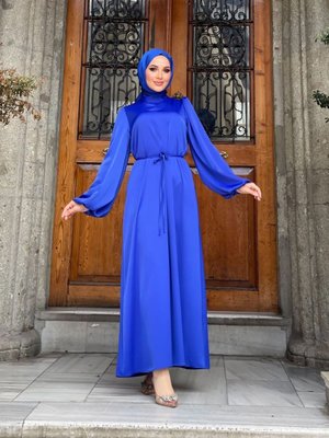 Saks Biye Kemerli Balon Kol Saten Abiye Elbise