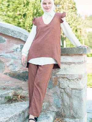 Kahverengi Fırfırlı Üçlü Keten İkili Takım