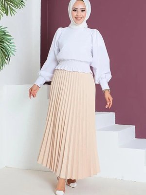 Bej Uzun Piliseli Etek Bej Uzun Piliseli Etek