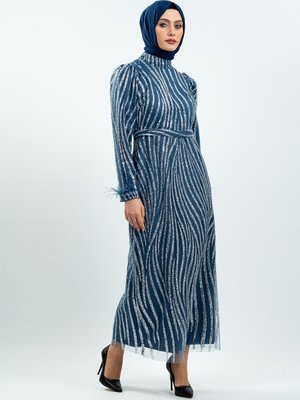 İndigo Simli Tüy Detaylı Abiye Elbise İndigo Simli Tüy Detaylı Abiye Elbise