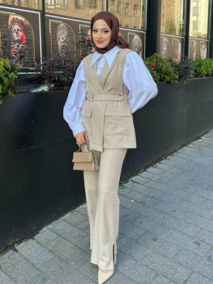 Bej Keten Görünümlü Yelek Ve Pantolon İkili Takım