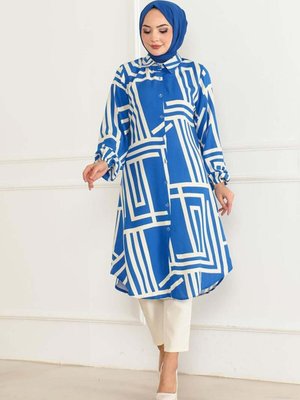 Saks Mavisi Geometrik Desen Viskon Tunik