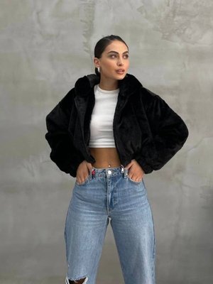 Siyah Peluş Crop Kapüşonlu Mont