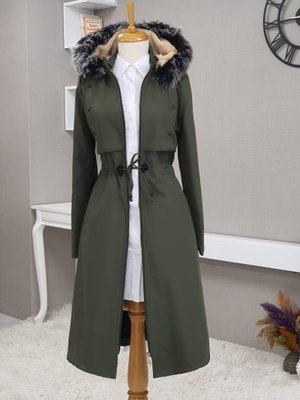 Haki Metal Yıldız Detaylı Kapüşonlu Uzun Kaban