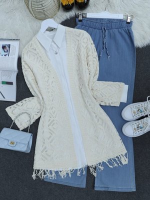 Bej Eteği Püsküllü Baklava Desen Fileli Triko Hırka