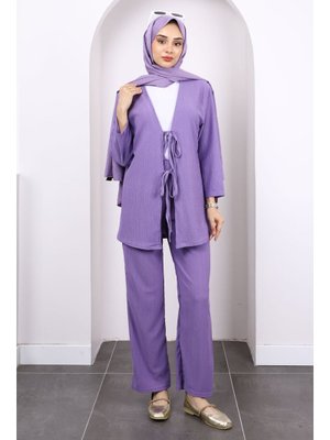 Lila Ön Bağlamalı Bürümcük Kimono Pantolonlu Takım