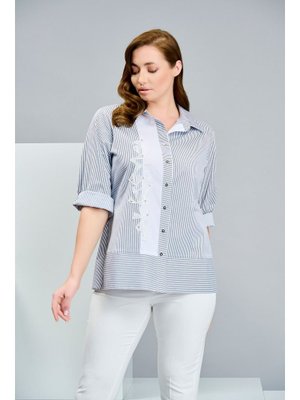 Beyaz Büyük Beden Dantel İşlemeli Çizgili Gömlek