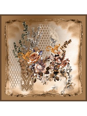 Çiçekli Desen Black Seri Twill Eşarp Askısı İle Birlikte 90x90 Cm Hardal Bej