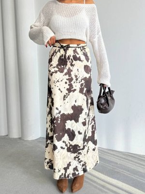 Kahve Desenli Uzun Saten Etek