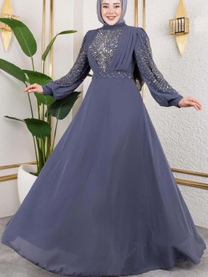 Antrasit Taş İşlemeli Şifon Abiye Elbise Antrasit Taş İşlemeli Şifon Abiye Elbise